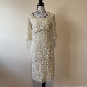 R&M Richards Champagne Lace Sequin Tiered Sheath Dress - Size 8 - Made in USA